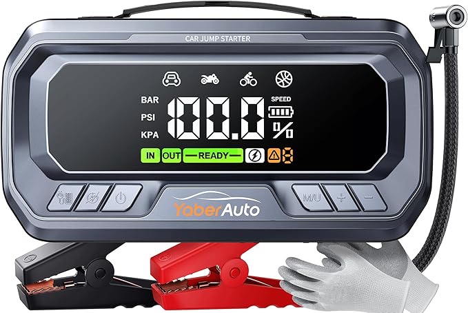 YaberAuto 12-in-1 Jump Starter with Air Compressor 8000A 160PSI 65W Charging, Portable Car Battery Jump Starter (All Gas/14L