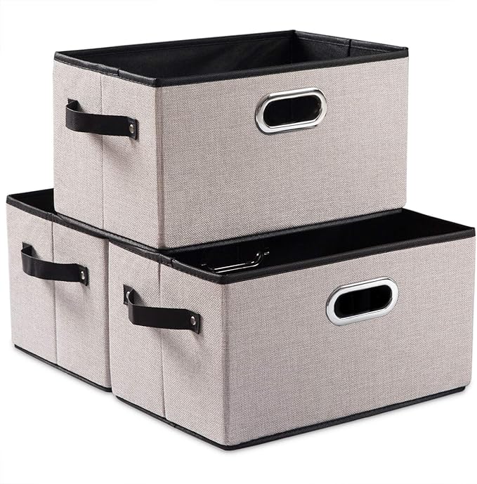 PRANDOM Large Fodable Storage Bins for Closet [3-pack] Decorative Linen Fabric Storage Bins Cubes with Leather/Metal Handles 