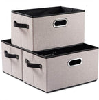 PRANDOM Large Fodable Storage Bins for Closet [3-pack] Decorative Linen Fabric Storage Bins Cubes with Leather/Metal Handles 