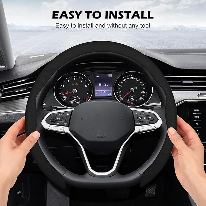 Frani Nappa Leather Steering Wheel Cover,Universal Fit 15 Inch-Premium Non-Slip Breathable Comfort Grip for Cars Trucks SUVs,Anti-Slip Durable Interior Upgrade Black
