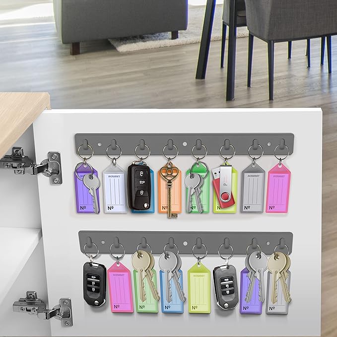 Acrimet Key Tag Rack w/ 8 Keyring Tags (Self-Adhesive Key Storage Rack) (2 Pack) (Assorted Color)