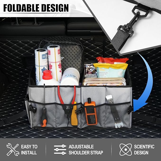 UYYE Auto Collapsible Trunk Organizer, 3 Large Compartments and 6 Pockets Durable for Cargo Storage, Easy to Storage Tools With