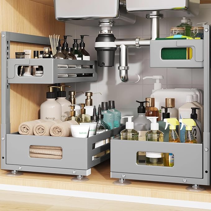 2 Pack Under Sink Organizer,Pull Out Cabinet Organizer With Smooth Cylindrical Rail,Metal Slide Out Drawer for Kitchen Bathro