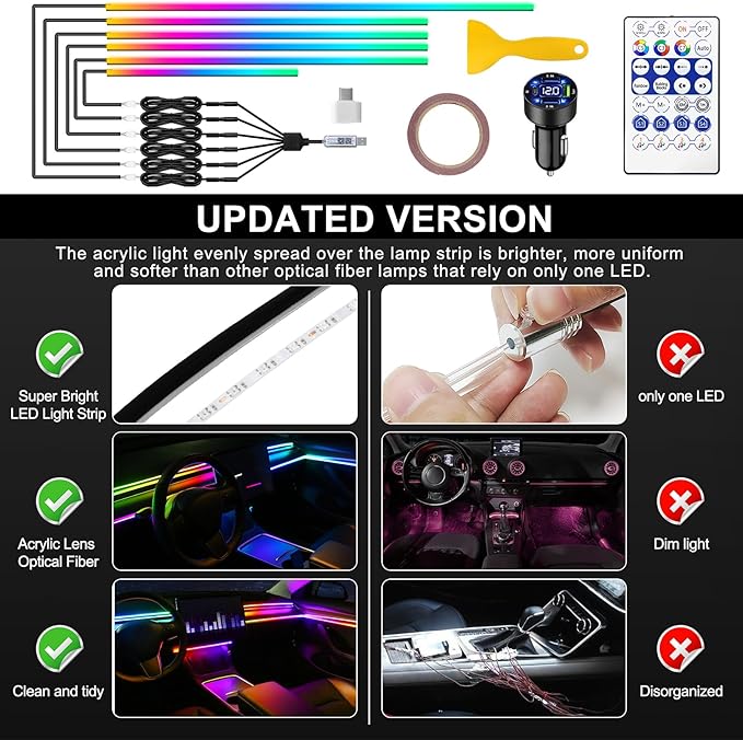 Acrylic Interior Car LED Strip Light with USB/Type C/4-Port Cigarette Lighter, Dreamcolor 6 in 1 with 175 inches 650 LEDs Ambient Lighting Kits, Sound Active Function Neon Led Strips for Car