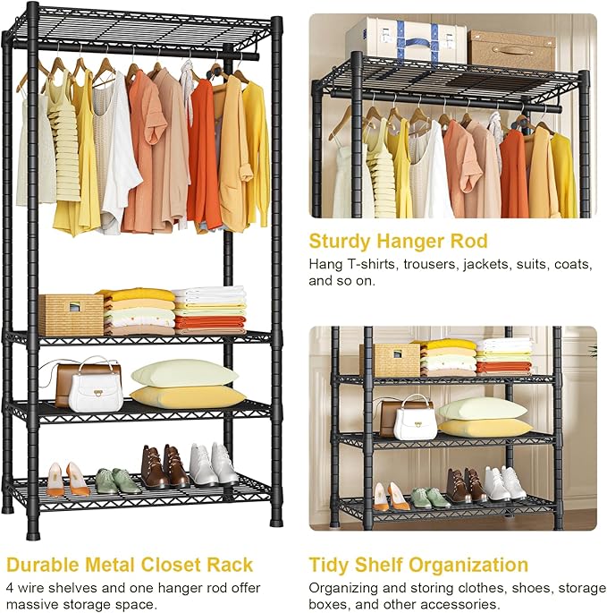 Ulif H2 Heavy Duty Clothes Rack, Freestanding 4 Tiers Garment Rack for Hanging Clothes with Shelves and Hangers, Closet Organ