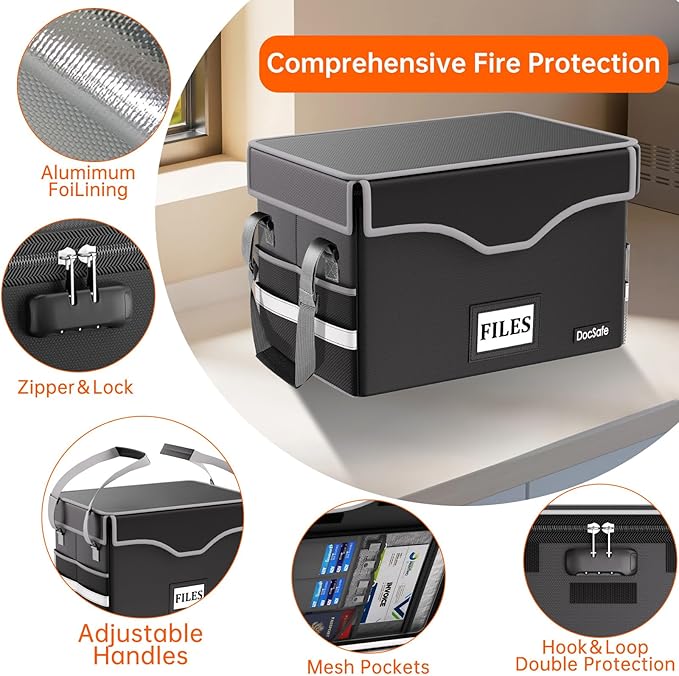 DocSafe 5200°F Fireproof Document Box with Lock,Heat Insulated File Organizer Storage with Pockets,Collapsible Portable Home 