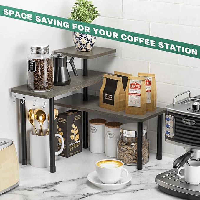 ZHWS Kitchen Countertop Organizer, Bathroom Counter Organizer, Adjustable 3 Tier Corner Shelf with 4 Metal Hooks for Counter 