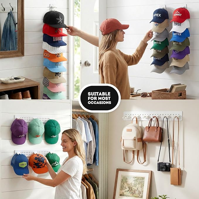 2 Pack Hat Organizer for Baseball Caps,Detachable DIY Hat Rack for Wall Hold Up to 22 Hats,Baseball Cap Organizer Cap Holder 