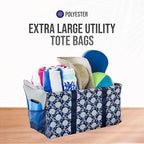 Extra Large Utility Tote Bag - Oversized Collapsible Reusable Wire Frame Rectangular Canvas Basket With Two Exterior Pockets For Beach, Pool, Laundry, Car Trunk, Storage - Navy Sunflower