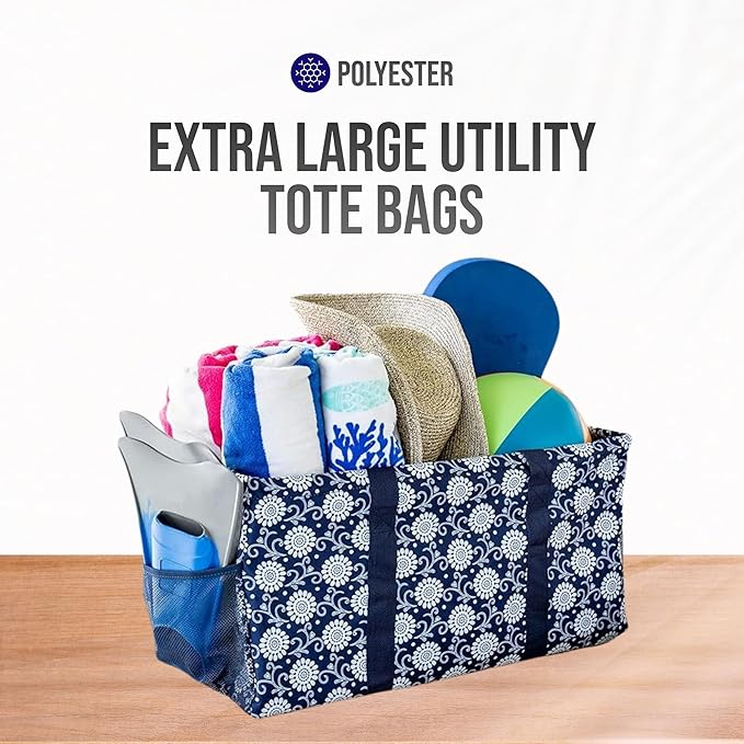 Extra Large Utility Tote Bag - Oversized Collapsible Reusable Wire Frame Rectangular Canvas Basket With Two Exterior Pockets For Beach, Pool, Laundry, Car Trunk, Storage - Navy Sunflower