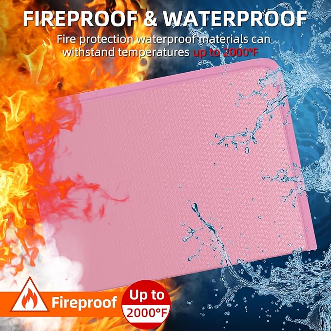 Fireproof Accordion File Organizer, Portable Expanding File Folder with Waterproof Zipper&Labels, Pink Document Organizer wit