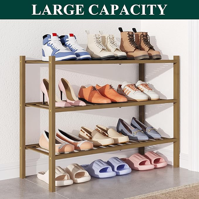 Smiry Bamboo Shoe Rack for Closet, 3 Tier Wooden Stackable Shoe Organizer, Free Standing Shoes Storage Shelf for Entryway, Fr