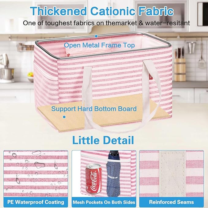 LHZK Standing Utility Tote Bag with Metal Wire Frame and the Sides Rinforced, Large Tote Bag with Handle, Reusable Grocery