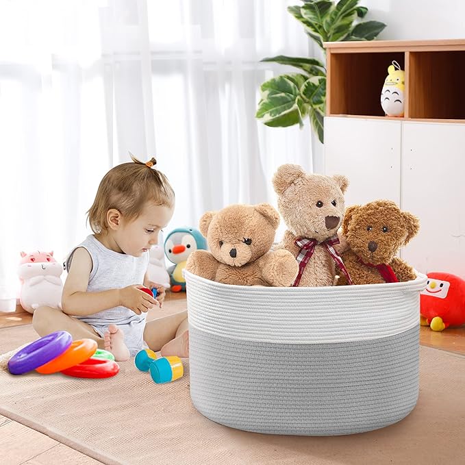 MEGASKET XXXL Large Cotton Rope Storage Bin, 22" X 14" Basket for Blankets Living Room, Woven Baby Kids Toy Storage Bin Box, 