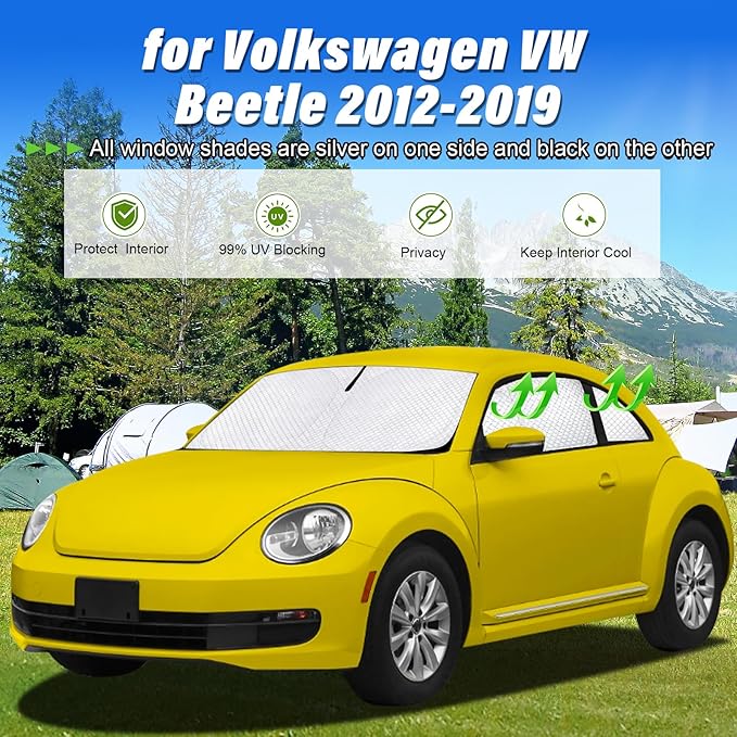 KMF 6pcs Thicken Sun Shades for Volkswagen VW Beetle 2012-2019 Accessories, Full Car Window Covers Sunshade for Windshield Side Rear, Custom Fit UV Block and Privacy Blackout for Car Camping Outdoor