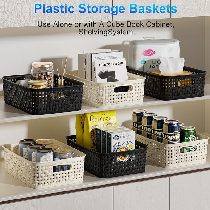FUCDTEFC White Plastic Basket, 8 Pack Home Organization and Storage Baskets with Handles, Space Saving Woven Organizer Bins P