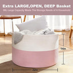 MEGASKET Pink Storage Baskets for Organizing, 22"X22"X14" XXXL Blanket Basket Living Room, Large Toy Basket, Soft Pink Cotton