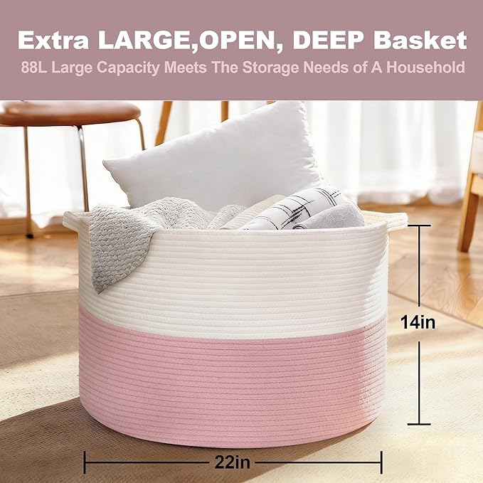 MEGASKET Pink Storage Baskets for Organizing, 22"X22"X14" XXXL Blanket Basket Living Room, Large Toy Basket, Soft Pink Cotton