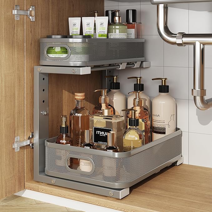 1 Pack 15.7IN-Depth Under Sink Organizer With Smooth Cylindrical Rail,2-Tier Pull Out Multi-Purpose Cabinet Storage for Bathr