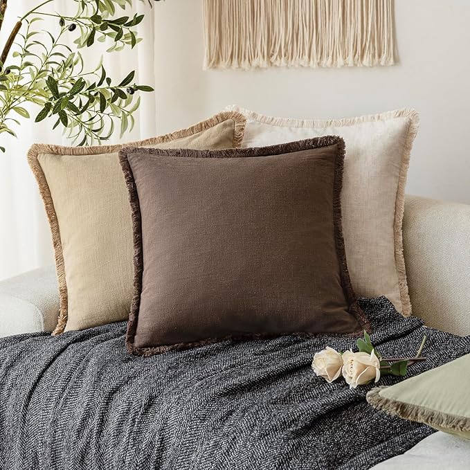 Foindtower Set of 2 Decorative Linen Fringe Lumbar Throw Pillow Covers Farmhouse Cushion Cover with Tassels Soft Accent Pillo