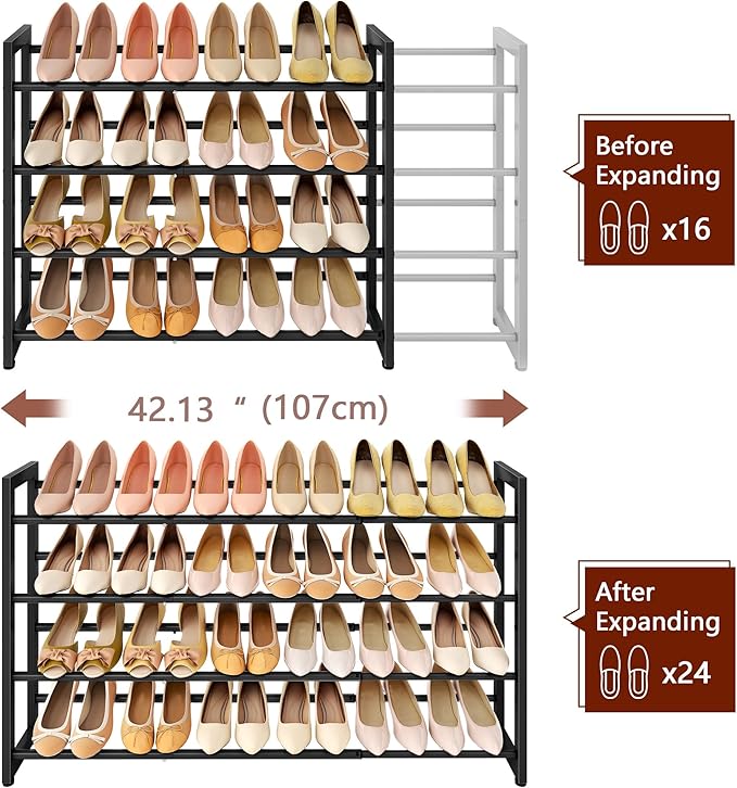 FAVOOSTY 4-Tier Expandable Shoe Rack, Adjustable Shoe Shelf Storage Organizer Space Saving Metal Free Standing Shoe Rack for 