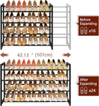 FAVOOSTY 4-Tier Expandable Shoe Rack, Adjustable Shoe Shelf Storage Organizer Space Saving Metal Free Standing Shoe Rack for 