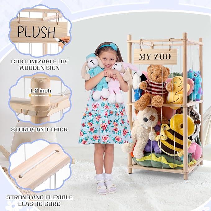 GLDZI Stuffed Animal Storage Zoo, Wooden Stuffed Animal Organizer with Elastic Cords for Boys Girls, Space Saving Toy Plushie