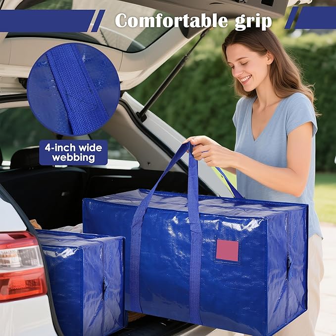 6 Pack Moving Bags with Full-Open Side Zipper, Extra Large 93L Heavy Duty Waterproof Foldable Storage Totes for College Dorm,