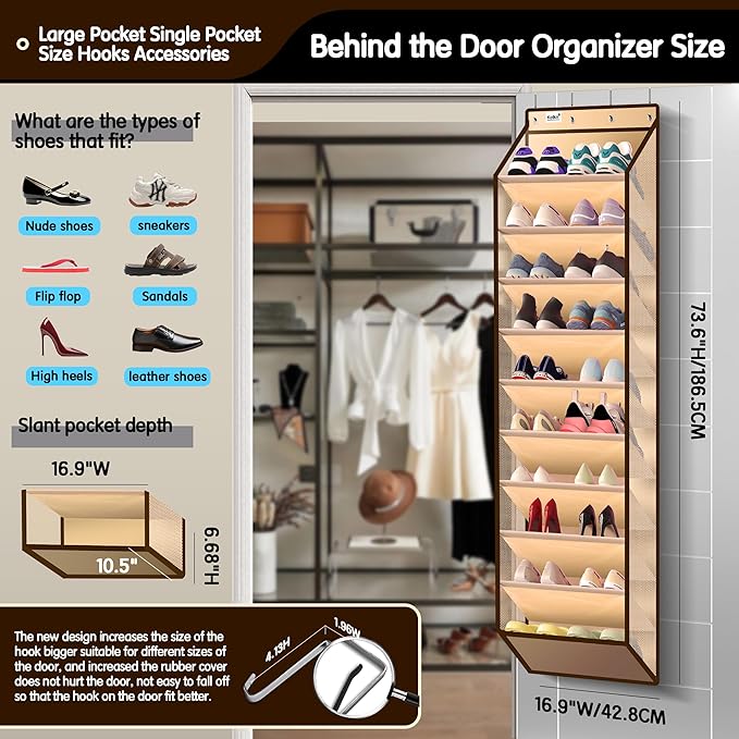 Kotkn 10 Tier Over The Door Organizer - Heavy Duty Hanging Storage Rack with Sturdy Oxford Fabric, Holds 20+ Pairs of Footwea