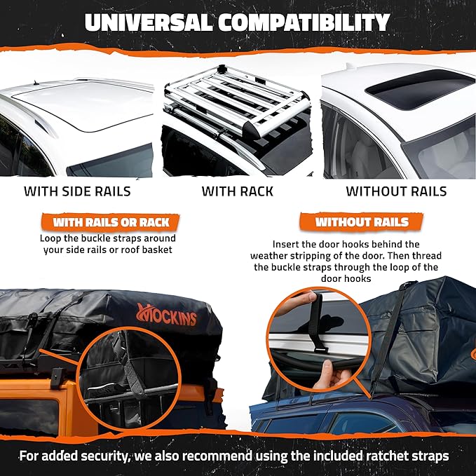 Mockins 40 CuFt XXL Roof Bag Cargo Carrier for Top of Vehicle | 72"x48"x20" Waterproof Vinyl Rooftop Cargo Carrier Bag | Secure Vehicle Soft-Shell Carriers for Car, Truck, SUV, Van, RV w/Accessories