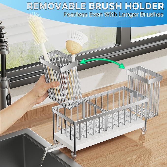 Cisily Sponge Holder for Kitchen Sink, Sink Caddy Organizer with High Brush Holder, Kitchen Countertop Organizers and Storage