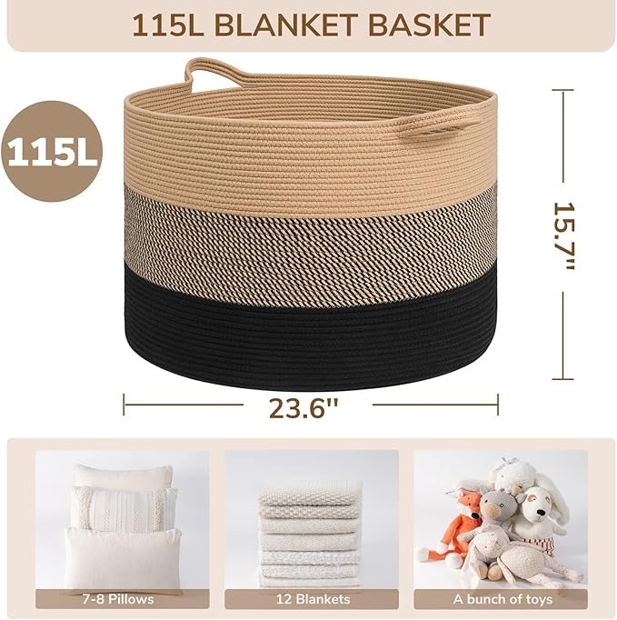 INDRESSME 115L Extra Large Blanket Basket for Apartment Décor, Woven Baby Laundry Hamper Shoe Basekts for Entryway, Wicker St