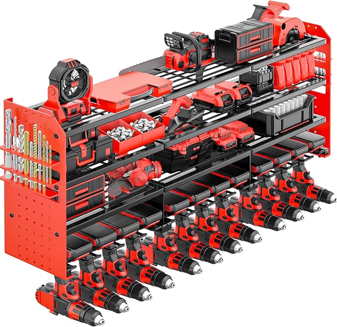 Large Power Tool Organizer Wall Mount-12 Drill Holder, Metal Heavy Duty Garage Tool Storage Shelves with Screwdriver Plier Ho