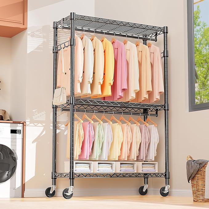 M MZG Heavy Duty Rolling Garment Rack 3 Tiers Adjustable Wire Shelving Clothes Rack with 2 Rods and Side Hooks, Storage Close