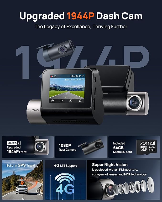 70mai Dash Cam Front and Rear A510,1944P+1080P with STARVIS 2 IMX675 and 64GB Card, Dash Camera for Cars, 4G LTE Support, ADA