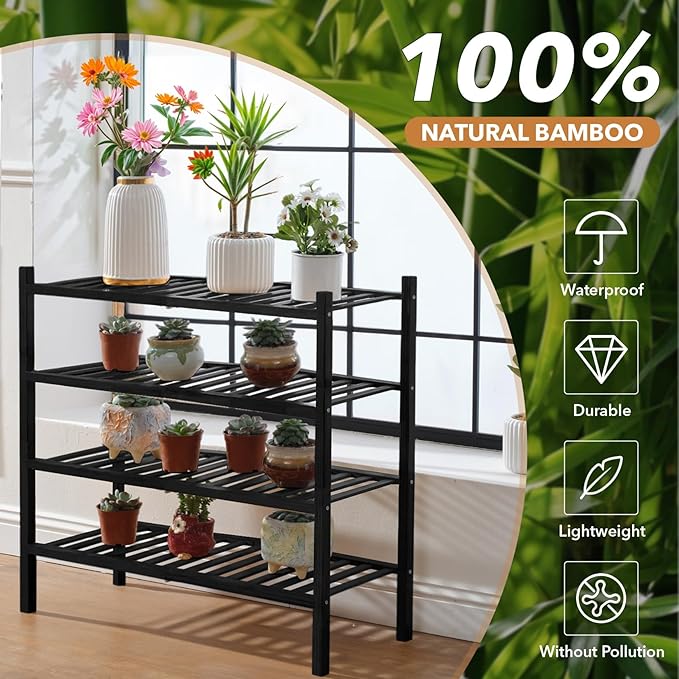 4 Tier Bamboo Shoe Rack Storage Organizer for Closet, Multifunctional Stackable Free Standing Shoe Shelf Organizer for Small 