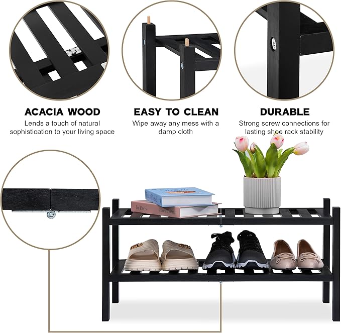 VICTORY RELAX 2-Tier Acacia Wood Shoe Rack - Stackable Entryway Organizer for Closet, Entryway, Easy Assembly, Indoor/Outdoor