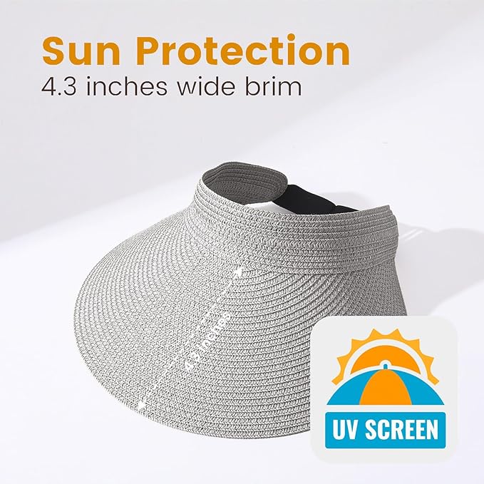 Sun Visor Hat for Women, Wide Brim Straw Summer UV Protection Hat, Foldable Roll-up Packable Beach Cap