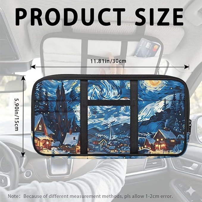 Town Print Car Sun Visor Storage Bag Pocket Organizer Car Storage Pouch Holder with Multi-Pocket Net Zipper Auto Interior Accessories