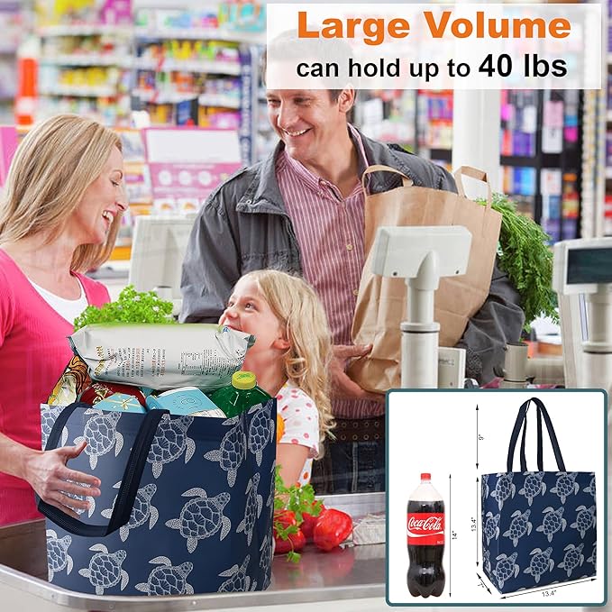 BeeGreen Sea Turtle Reusable Shopping Bags For Groceries 6 Pack- Large Foldable Tote Bags- Strong Handles for Heavy Groceries, Perfect for Supermarket, Farmers Market, and Storage Organization