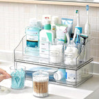 Vtopmart 6 PCS Bathroom Countertop Organizer, 1 Divided Tray with 4 Qtip Holder Jars and 1 Drawers, Restroom Clear Organizers