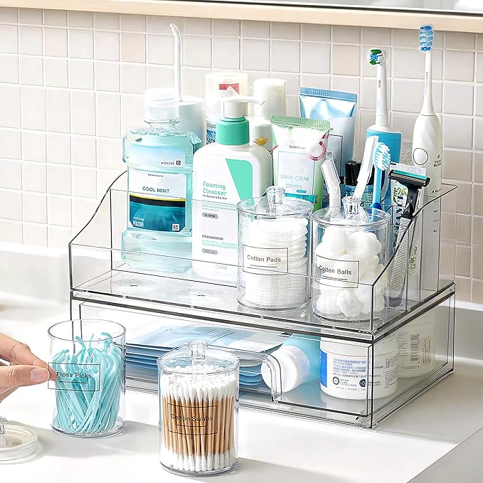 Vtopmart 6 PCS Bathroom Countertop Organizer, 1 Divided Tray with 4 Qtip Holder Jars and 1 Drawers, Restroom Clear Organizers