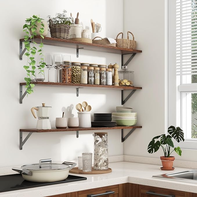 Axeman 40 Inch Floating Shelves | 8 Inch Deep Walnut Wall Shelves Set of 2 | 39.4W x 8D Rustic Wood Shelves for Bookshelf Liv