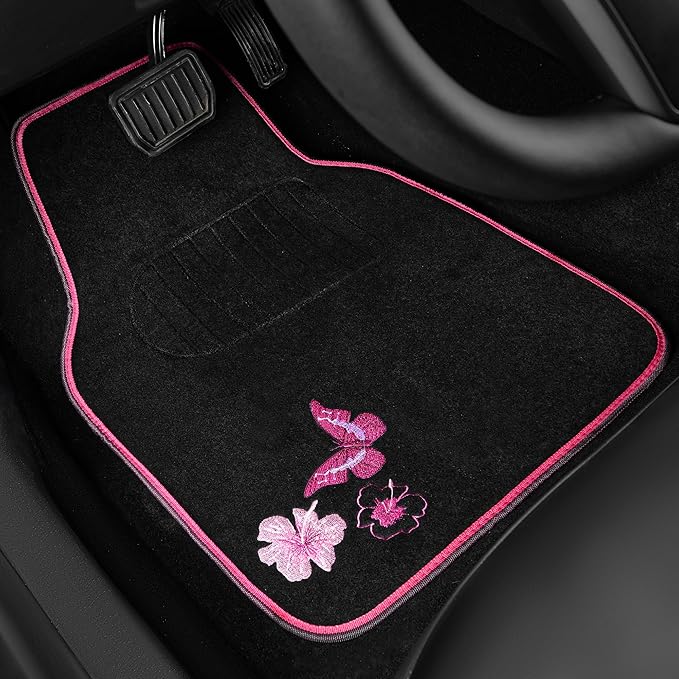 CAR PASS Embroidery Butterfly and Flower Car Floor Mats, Pink Car Floor Mats Universal Fit 95% Automotive,SUVS,Sedan,Vans,for