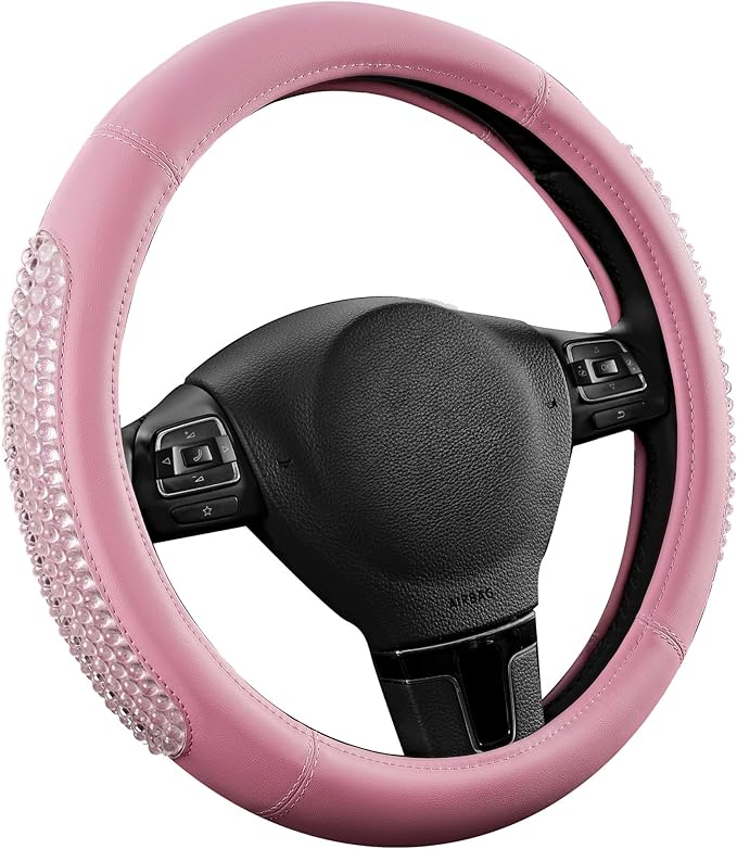 PIC AUTO Steering Wheel Cover, Glitter Gel Particles & Pink Luxury Leather Car Steering Cover, Universal Fit 14.5"-15.5" Anti