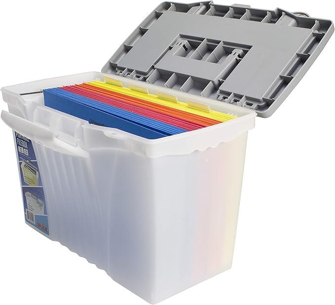 Storex Portable File Box with Organizer Lid, 17.13 x 9.63 x 11 Inches, Frosted/Silver (STX61511U01C)