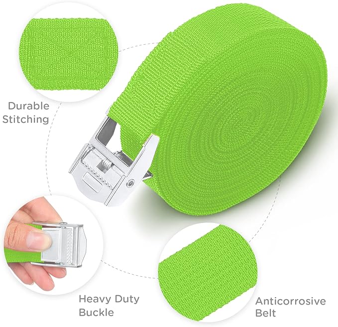 Riakrum 15 Pack 16 Feet Lashing Straps Adjustable Kayaks Tie Down Cam Buckle Straps with Buckles up to 250lbs for Cargo, Luggage, Motorcycles, Truck, Car Roof Rack, Sup Surfboard(Green)