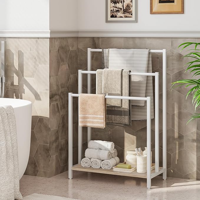 HOOBRO Free Standing Towel Rack, 3 Tier Blanket Rack, Blanket Holder for Bathroom, 16.9" L x 11" W x 31.9" H, Industrial Meta
