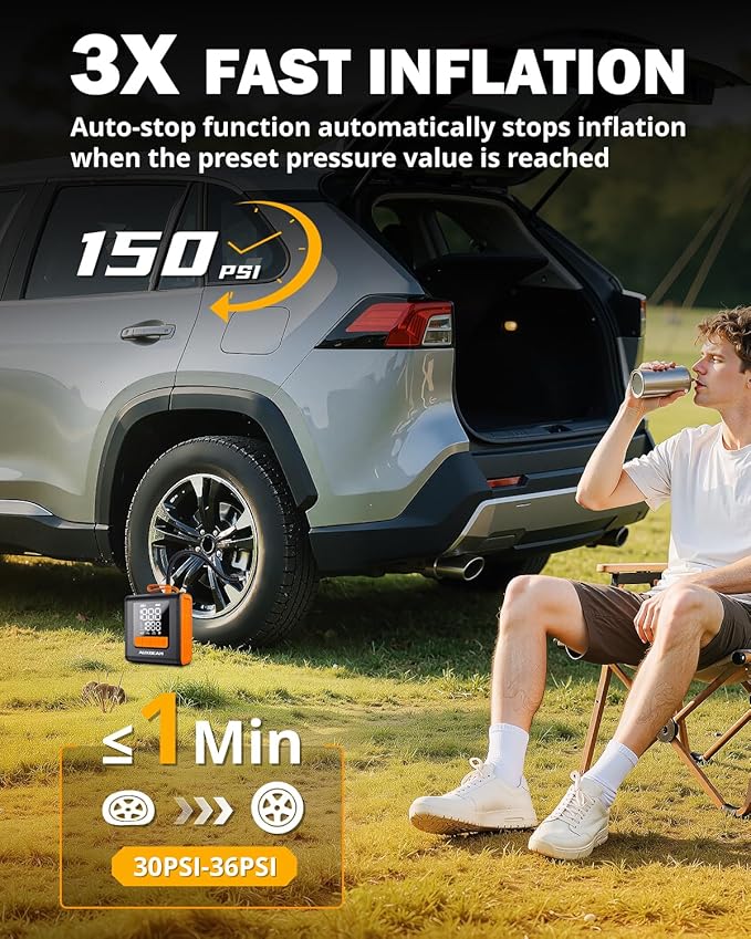 AUXBEAM Tire Inflator Portable Air Compressor,150PSI Car Tire Pump 4 Inflation Modes Cordless Air Pump With LCD Screen for Car, Motorcycle, Bike, Ball