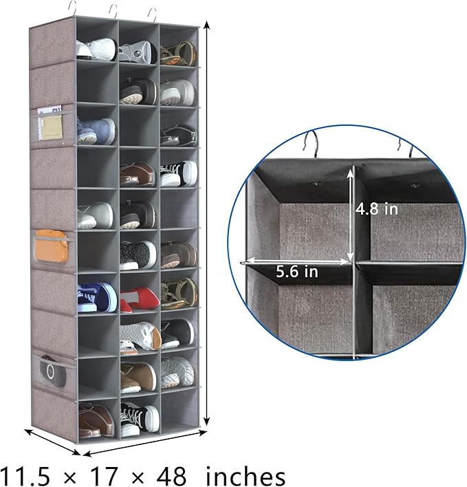 Libeder 30 Section Hanging Shoe Organizer for Closet, Hanging Closet Organizers with 6 Side Mesh Pockets, Shoe Storage Hangin